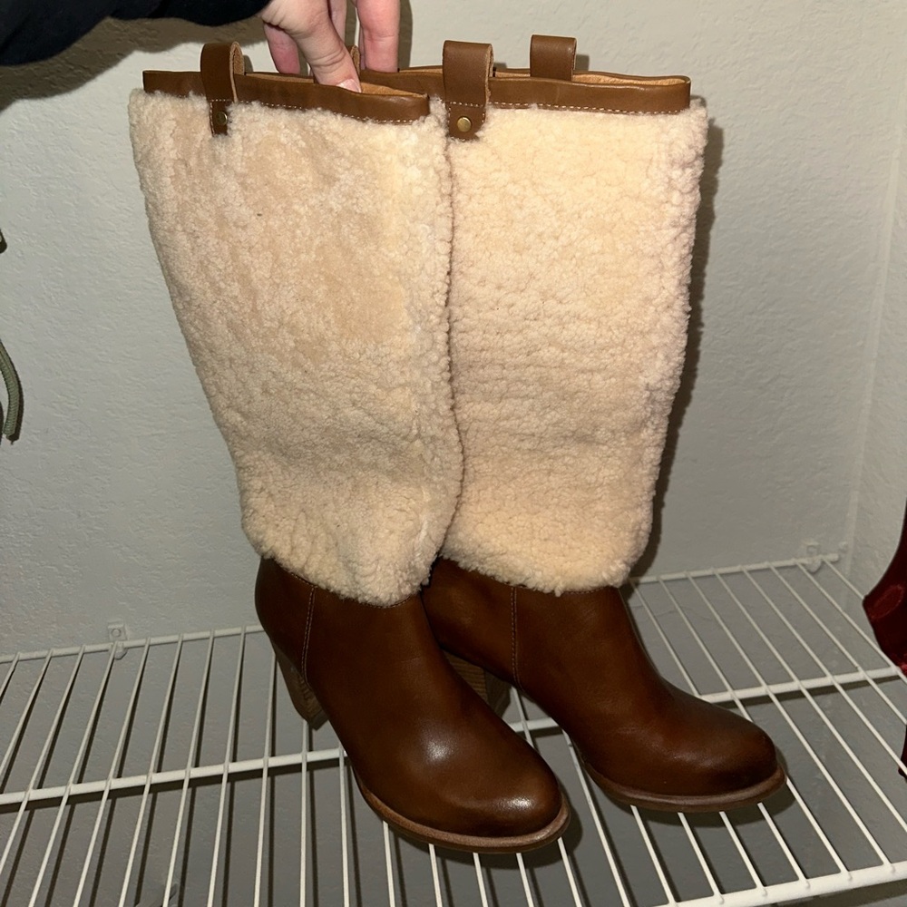 UGG Brown Leather and Cream Shearling Knee Boots